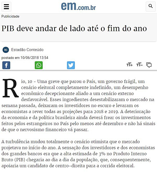 PIB deve andar de lado at o fim do ano